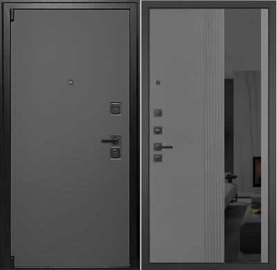 Входная дверь Лайт Графит 086 Серый рельеф софт с тонированным зеркало